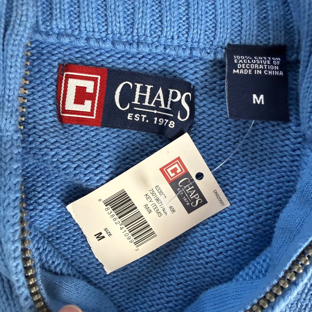 NWT Chaps Mens Quarter Zip Sweater Blue Cotton Shaker Stitch Mock Neck Medium - Picture 4 of 7